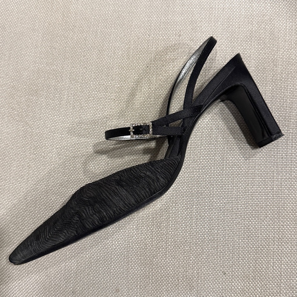 LUXURY Ruched BLACK Sandals 🇮🇹 Di Sandro Crystal buckle US 8/EU 38.5 EUC Dustbag